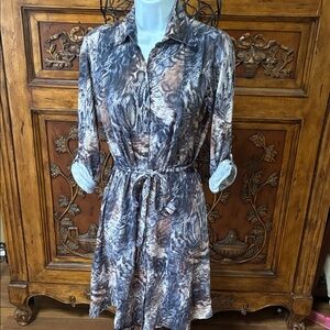David Cline Artistic Snake Print Belted Long Sleeve Dress Size Small